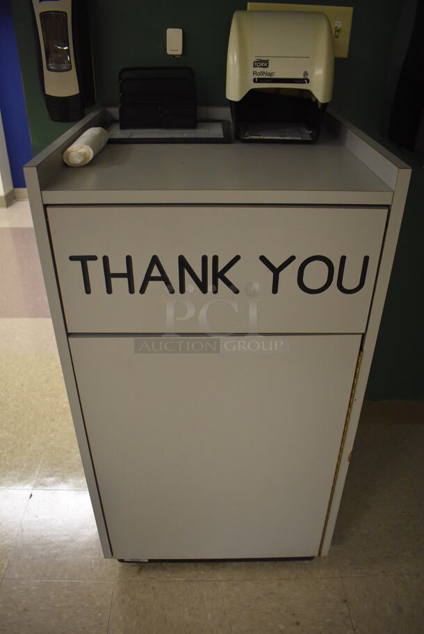 4 Gray Trash Can Shells w/ Trash Deposit Flap, Door and Poly Trash Can. 23x23x42.5. 4 Times Your Bid! (Student Lounge) - Image 3 of 7