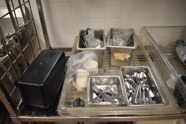 Metal 4 Tier Wire Shelving Unit w/ Contents Including Poly Drop In Bins, Utensils, Cutting Boards and Bundt Cake Pans. BUYER MUST DISMANTLE. PCI CANNOT DISMANTLE FOR SHIPPING. PLEASE CONSIDER FREIGHT CHARGES. 48x24x84. (Pastry Kitchen) - Image 4 of 7