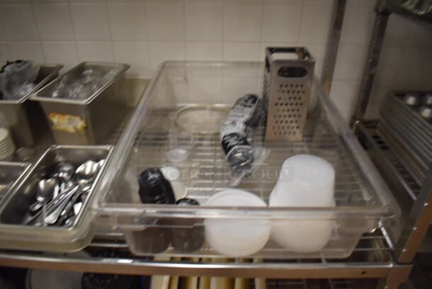 Metal 4 Tier Wire Shelving Unit w/ Contents Including Poly Drop In Bins, Utensils, Cutting Boards and Bundt Cake Pans. BUYER MUST DISMANTLE. PCI CANNOT DISMANTLE FOR SHIPPING. PLEASE CONSIDER FREIGHT CHARGES. 48x24x84. (Pastry Kitchen) - Image 5 of 7