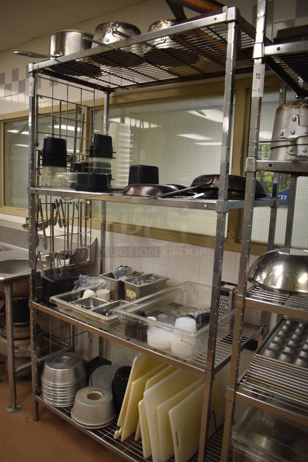 Metal 4 Tier Wire Shelving Unit w/ Contents Including Poly Drop In Bins, Utensils, Cutting Boards and Bundt Cake Pans. BUYER MUST DISMANTLE. PCI CANNOT DISMANTLE FOR SHIPPING. PLEASE CONSIDER FREIGHT CHARGES. 48x24x84. (Pastry Kitchen) - Image 7 of 7