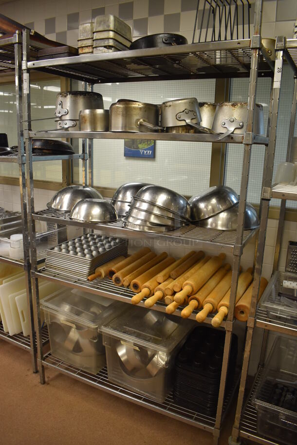 Metal 5 Tier Wire Shelving Unit w/ Contents Including Sauce Pots, Metal Bowls, Muffin Baking Pans, Rolling Pins and Metal Pans. BUYER MUST DISMANTLE. PCI CANNOT DISMANTLE FOR SHIPPING. PLEASE CONSIDER FREIGHT CHARGES. 48x24x84. (Pastry Kitchen) - Image 2 of 6