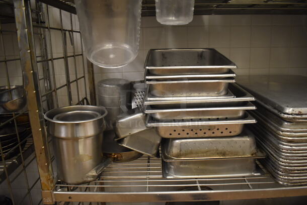 Metal 4 Tier Wire Shelving Unit on Commercial Casters w/ Contents Including Stainless Steel Drop In Bins, Metal Pitchers and Utensils. BUYER MUST DISMANTLE. PCI CANNOT DISMANTLE FOR SHIPPING. PLEASE CONSIDER FREIGHT CHARGES. 60x24x78. (Education Kitchen 2) - Image 8 of 10