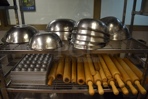 Metal 5 Tier Wire Shelving Unit w/ Contents Including Sauce Pots, Metal Bowls, Muffin Baking Pans, Rolling Pins and Metal Pans. BUYER MUST DISMANTLE. PCI CANNOT DISMANTLE FOR SHIPPING. PLEASE CONSIDER FREIGHT CHARGES. 48x24x84. (Pastry Kitchen) - Image 4 of 6