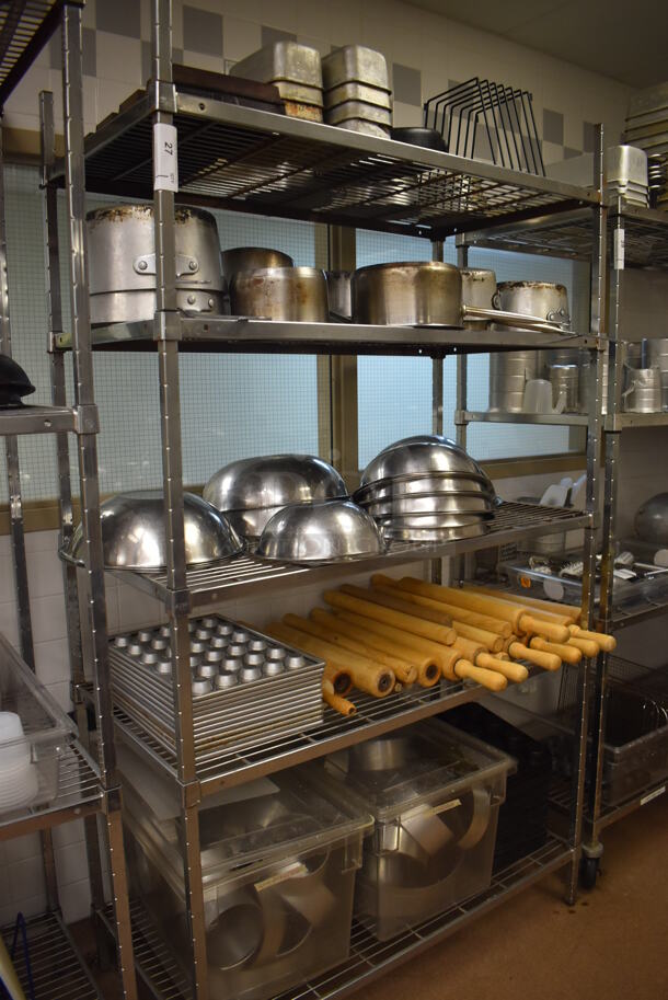 Metal 5 Tier Wire Shelving Unit w/ Contents Including Sauce Pots, Metal Bowls, Muffin Baking Pans, Rolling Pins and Metal Pans. BUYER MUST DISMANTLE. PCI CANNOT DISMANTLE FOR SHIPPING. PLEASE CONSIDER FREIGHT CHARGES. 48x24x84. (Pastry Kitchen) - Image 6 of 6