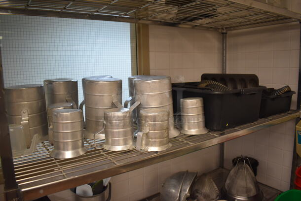 Metal 4 Tier Wire Shelving Unit on Commercial Casters w/ Contents Including Metal Pans, Metal Pitchers, Utensils and Drop In Bins. BUYER MUST DISMANTLE. PCI CANNOT DISMANTLE FOR SHIPPING. PLEASE CONSIDER FREIGHT CHARGES. 60x24x78. (Pastry Kitchen) - Image 3 of 7