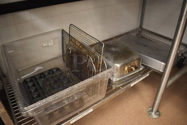 Metal 4 Tier Wire Shelving Unit on Commercial Casters w/ Contents Including Metal Pans, Metal Pitchers, Utensils and Drop In Bins. BUYER MUST DISMANTLE. PCI CANNOT DISMANTLE FOR SHIPPING. PLEASE CONSIDER FREIGHT CHARGES. 60x24x78. (Pastry Kitchen) - Image 6 of 7