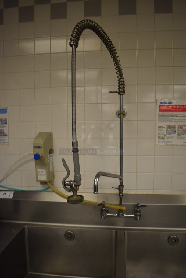 Stainless Steel Commercial 3 Bay Sink w/ Dual Drain Boards, 2 Faucets, 2 Handle Sets and Spray Nozzle Attachment. BUYER MUST REMOVE. 135x36x42. Bays 24x30x14. Drain Boards 28x32x1. (Pastry Kitchen) - Image 3 of 5