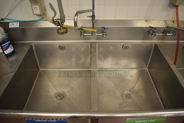 Stainless Steel Commercial 3 Bay Sink w/ Dual Drain Boards, 2 Faucets, 2 Handle Sets and Spray Nozzle Attachment. BUYER MUST REMOVE. 135x36x42. Bays 24x30x14. Drain Boards 28x32x1. (Pastry Kitchen) - Image 4 of 5