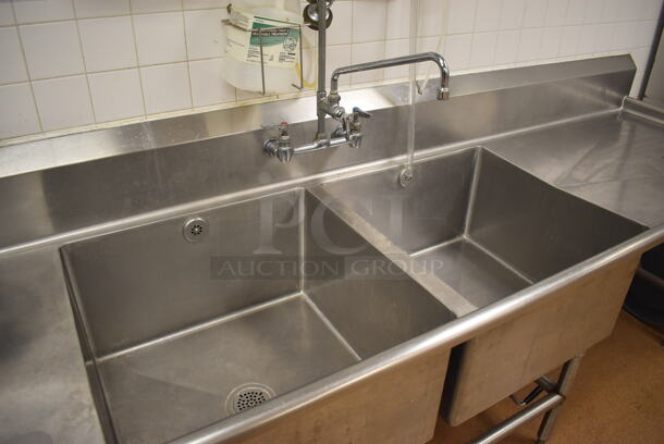 Stainless Steel Commercial 2 Bay Sink w/ Drain Board, Faucet, Handles, Spray Nozzle Attachment, Master Disposers Control Box and Masters Disposers Garbage Disposal. BUYER MUST REMOVE. 122x30x43. Bays 24x24x14. Drain Board 34x26x2. (Education Kitchen 2) - Image 7 of 10