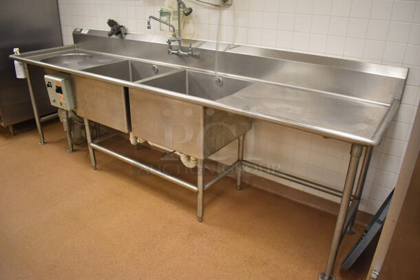 Stainless Steel Commercial 2 Bay Sink w/ Drain Board, Faucet, Handles, Spray Nozzle Attachment, Master Disposers Control Box and Masters Disposers Garbage Disposal. BUYER MUST REMOVE. 122x30x43. Bays 24x24x14. Drain Board 34x26x2. (Education Kitchen 2) - Image 9 of 10
