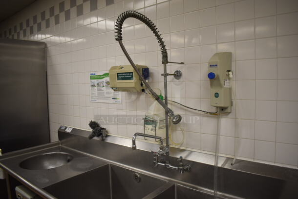 Stainless Steel Commercial 2 Bay Sink w/ Drain Board, Faucet, Handles, Spray Nozzle Attachment, Master Disposers Control Box and Masters Disposers Garbage Disposal. BUYER MUST REMOVE. 122x30x43. Bays 24x24x14. Drain Board 34x26x2. (Education Kitchen 2) - Image 10 of 10