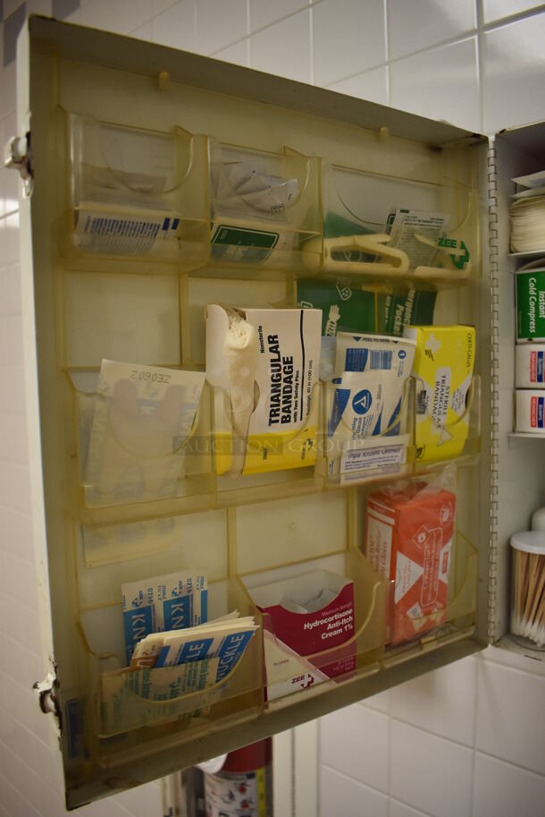 White Metal Wall Mount First Aid Kit. BUYER MUST REMOVE. 14x7.5x16.5. (Education Kitchen 2) - Image 5 of 6