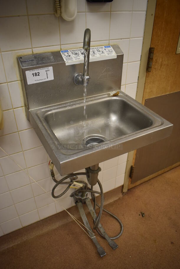 Advance Tabco Stainless Steel Commercial Single Bay Wall Mount Sink w/ Faucet and Foot Pedals. BUYER MUST REMOVE. 17.5x15.5x19. (Education Kitchen 2) - Image 2 of 6