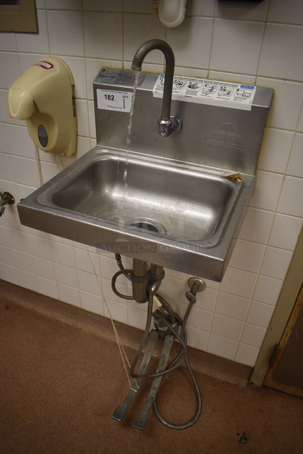Advance Tabco Stainless Steel Commercial Single Bay Wall Mount Sink w/ Faucet and Foot Pedals. BUYER MUST REMOVE. 17.5x15.5x19. (Education Kitchen 2) - Image 3 of 6