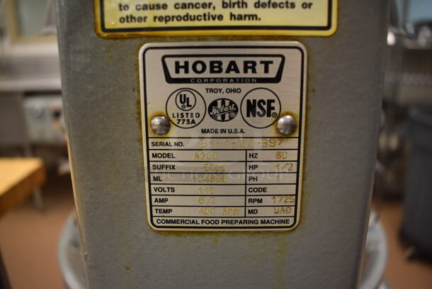 Hobart A200 Metal Commercial Countertop 20 Quart Planetary Dough Mixer w/ Stainless Steel Mixing Bowl, Bowl Guard, Whisk, Paddle, 2 Dough Hook and 2 Pastry Hook Attachments on Stainless Steel Commercial Equipment Stand w/ Under Shelf. 115 Volts, 1 Phase. 17x20x31, 24x30x29. Tested and Working! (Pastry Kitchen) - Image 8 of 9