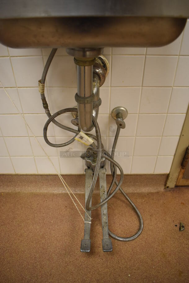 Advance Tabco Stainless Steel Commercial Single Bay Wall Mount Sink w/ Faucet and Foot Pedals. BUYER MUST REMOVE. 17.5x15.5x19. (Education Kitchen 2) - Image 5 of 6