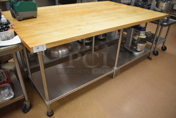 Butcher Block Table w/ Stainless Steel Under Shelf. 96x30x37.5. (Pastry Kitchen)