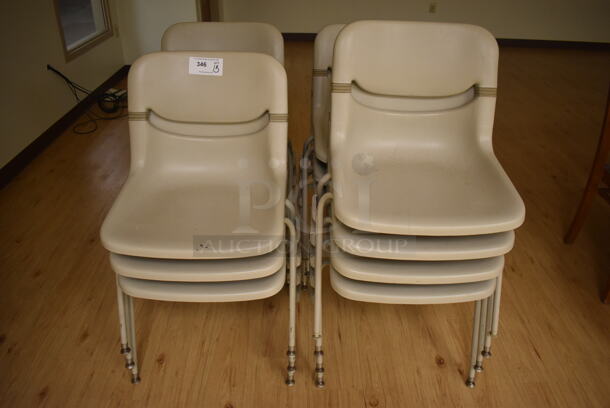 13 Tan Poly Chairs on Metal Legs. 22x18x32. 13 Times Your Bid! (Classroom 1)