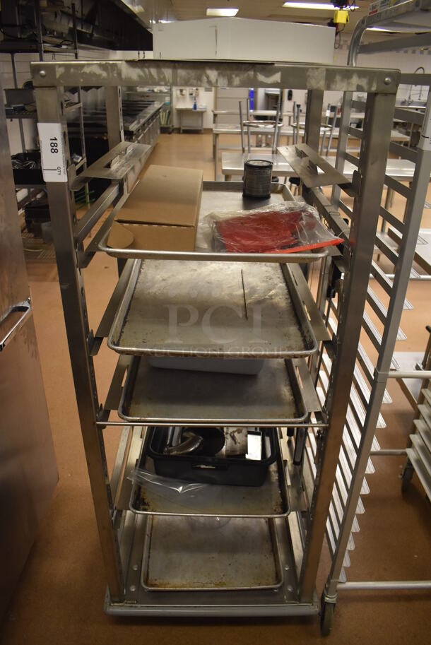 Metal Commercial Pan Transport Rack on Commercial Casters w/ Metal Baking Pans. 26x28x64. (Education Kitchen 2)