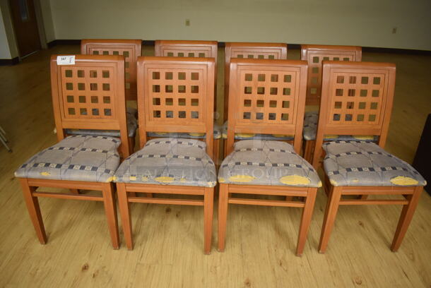 8 Wood Pattern Dining Chairs w/ Blue Seat Cushion. 19x17x36. 8 Times Your Bid! (Classroom 1) - Image 2 of 6