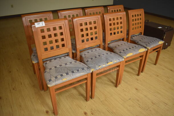 8 Wood Pattern Dining Chairs w/ Blue Seat Cushion. 19x17x36. 8 Times Your Bid! (Classroom 1) - Image 3 of 6