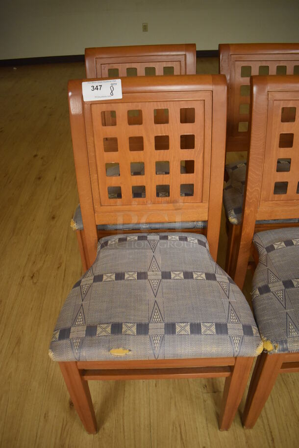 8 Wood Pattern Dining Chairs w/ Blue Seat Cushion. 19x17x36. 8 Times Your Bid! (Classroom 1) - Image 4 of 6