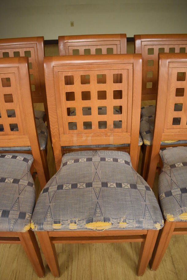 8 Wood Pattern Dining Chairs w/ Blue Seat Cushion. 19x17x36. 8 Times Your Bid! (Classroom 1) - Image 5 of 6