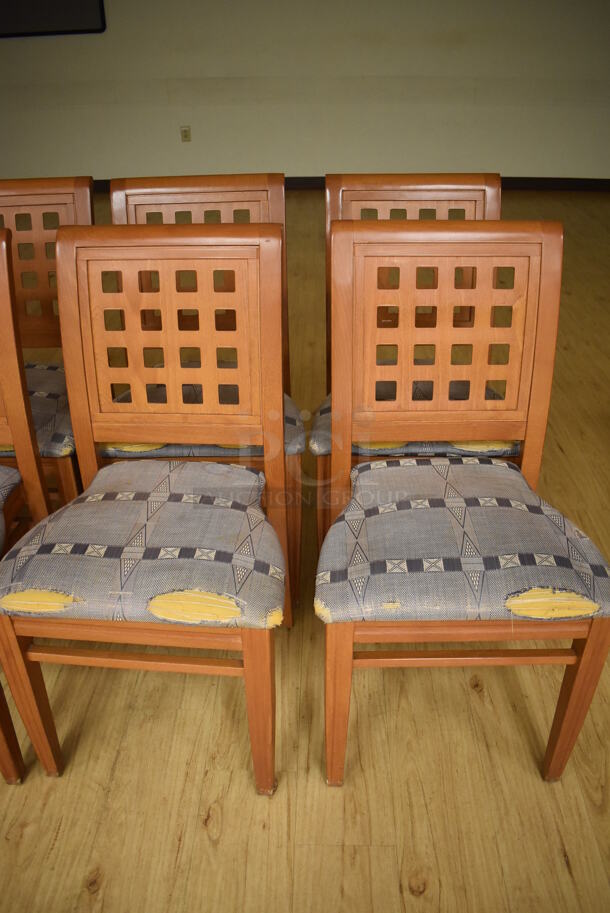 8 Wood Pattern Dining Chairs w/ Blue Seat Cushion. 19x17x36. 8 Times Your Bid! (Classroom 1) - Image 6 of 6