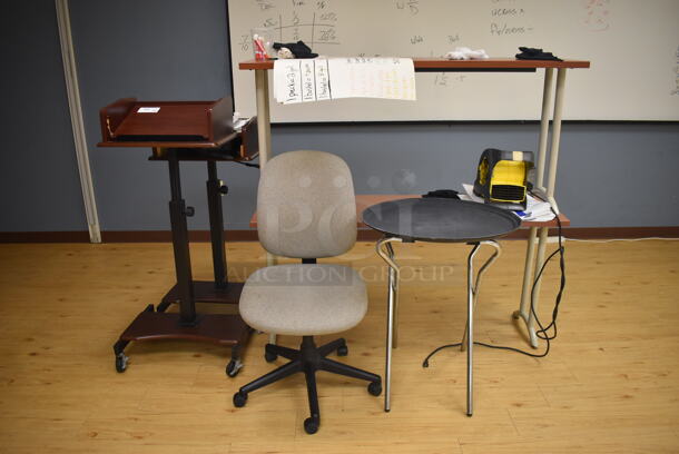 ALL ONE MONEY! Lot of Various Items Including Chair, Serving Tray Stand, Podium and 2 Tables. (Classroom 1) - Image 1 of 5