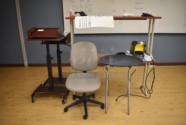 ALL ONE MONEY! Lot of Various Items Including Chair, Serving Tray Stand, Podium and 2 Tables. (Classroom 1)