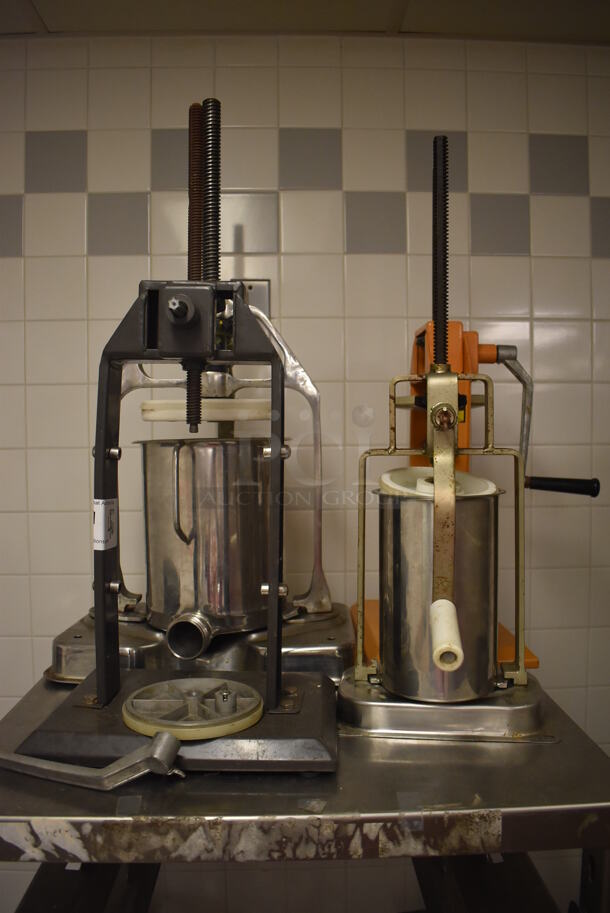4 Various Metal Countertop Manual Sausage Stuffers. 4 Times Your Bid! (Education Kitchen 2) - Image 1 of 5