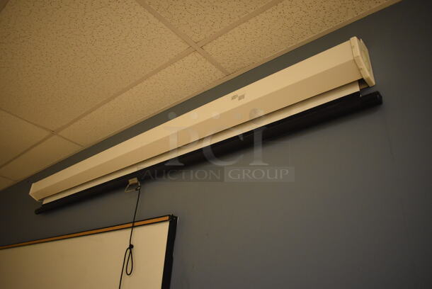 Epson Ceiling Mounted Projector and Pull Down Projection Screen. BUYER MUST REMOVE. 11x8x4, 94