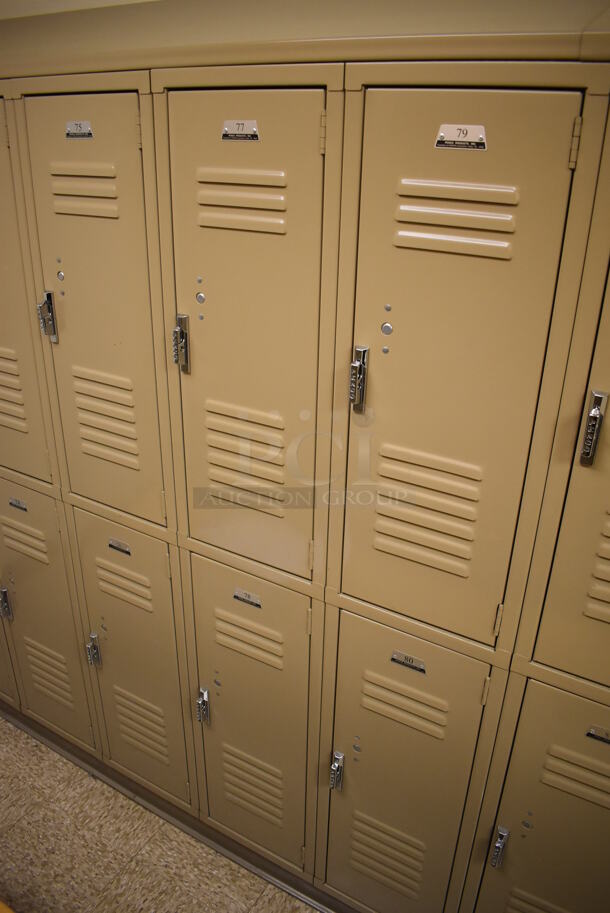Wall of 19 Tan Metal Lockers. BUYER MUST REMOVE. 132x18x71. (Womens Locker Room) - Image 3 of 6