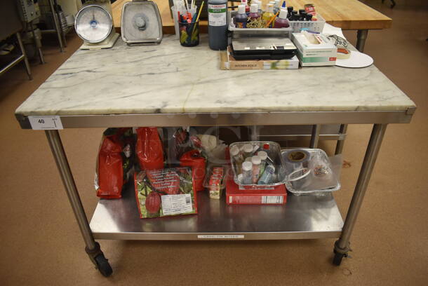 Stainless Steel Table w/ Marble Countertop and Stainless Steel Under Shelf on Commercial Casters. Does Not Include Contents. 48x30x35. (Pastry Kitchen) - Image 1 of 4