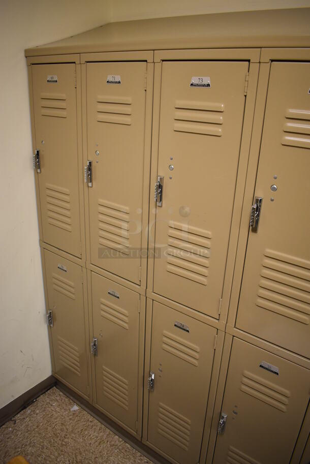 Wall of 19 Tan Metal Lockers. BUYER MUST REMOVE. 132x18x71. (Womens Locker Room) - Image 4 of 6