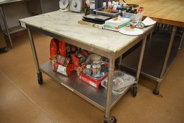 Stainless Steel Table w/ Marble Countertop and Stainless Steel Under Shelf on Commercial Casters. Does Not Include Contents. 48x30x35. (Pastry Kitchen) - Image 2 of 4