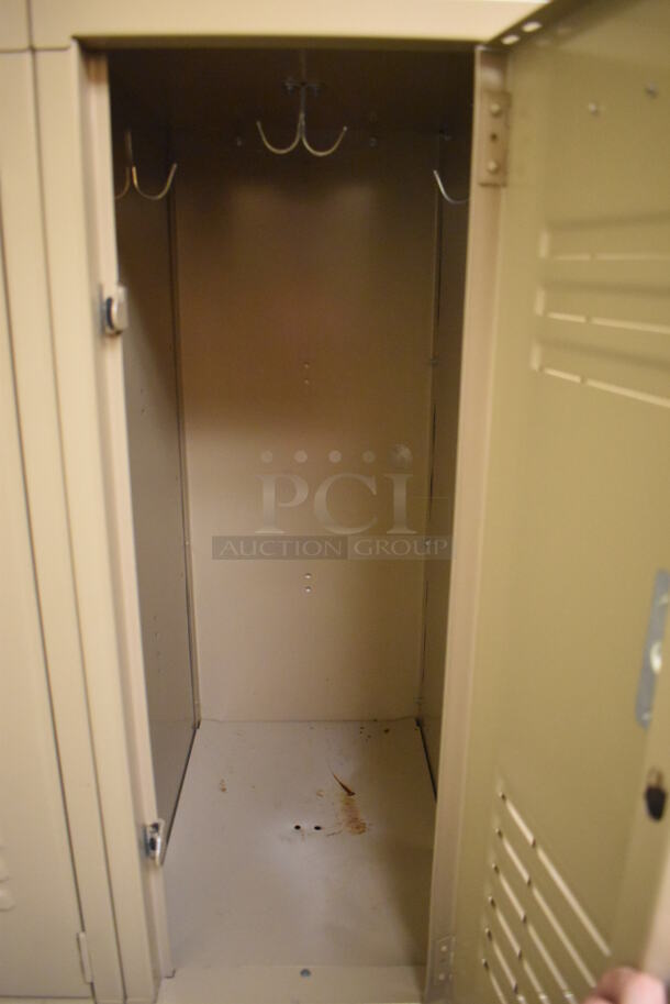Wall of 19 Tan Metal Lockers. BUYER MUST REMOVE. 132x18x71. (Womens Locker Room) - Image 5 of 6