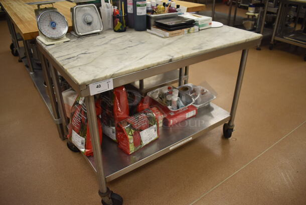 Stainless Steel Table w/ Marble Countertop and Stainless Steel Under Shelf on Commercial Casters. Does Not Include Contents. 48x30x35. (Pastry Kitchen) - Image 3 of 4