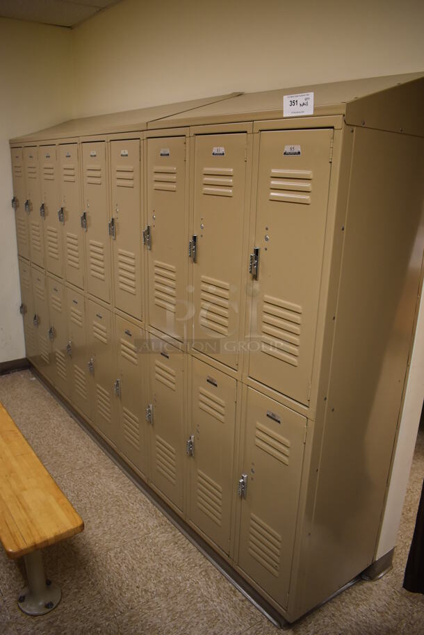 Wall of 19 Tan Metal Lockers. BUYER MUST REMOVE. 132x18x71. (Womens Locker Room) - Image 6 of 6