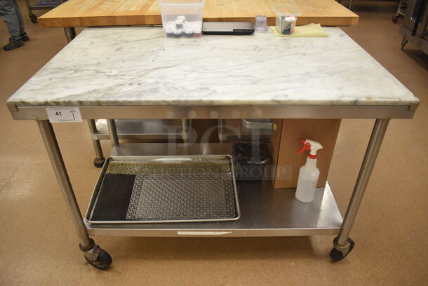Stainless Steel Table w/ Marble Countertop and Stainless Steel Under Shelf on Commercial Casters. Does Not Include Contents. 48x30x35. (Pastry Kitchen) - Image 1 of 6
