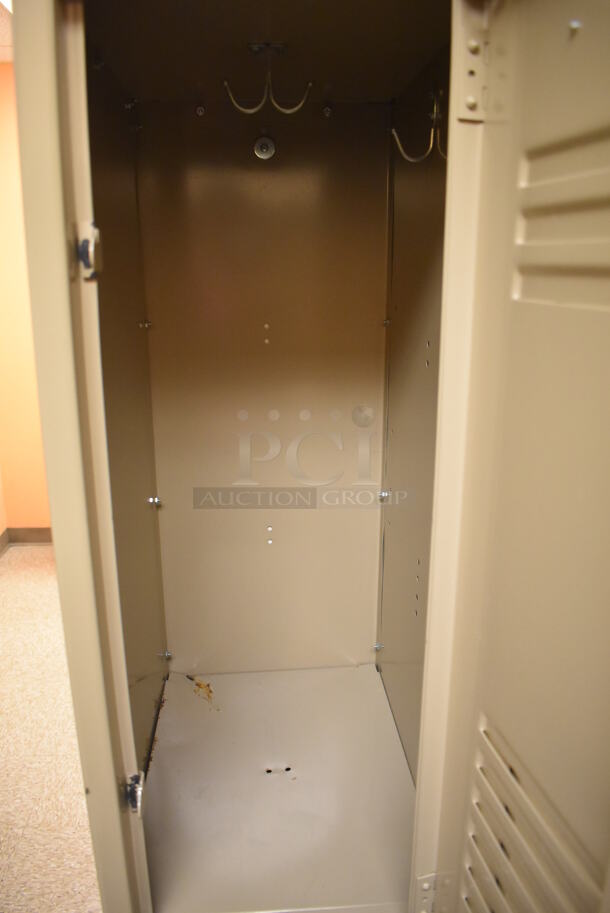 Wall of 22 Tan Metal Lockers. BUYER MUST REMOVE. 132x18x71. (Womens Locker Room) - Image 2 of 5