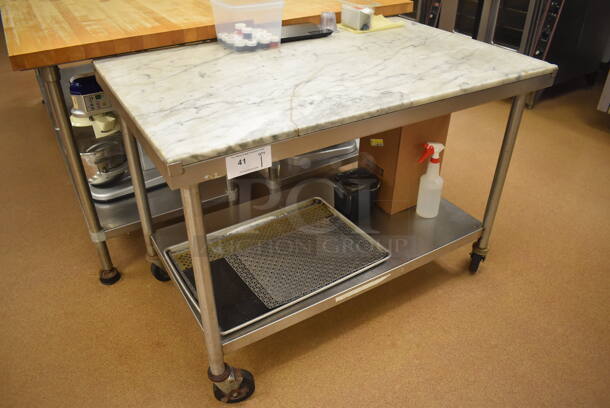 Stainless Steel Table w/ Marble Countertop and Stainless Steel Under Shelf on Commercial Casters. Does Not Include Contents. 48x30x35. (Pastry Kitchen) - Image 2 of 6