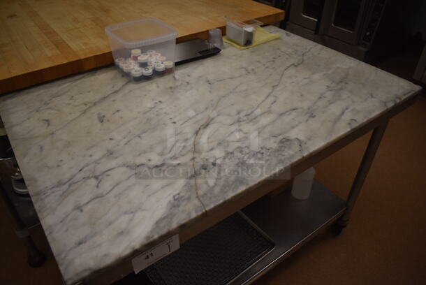 Stainless Steel Table w/ Marble Countertop and Stainless Steel Under Shelf on Commercial Casters. Does Not Include Contents. 48x30x35. (Pastry Kitchen) - Image 3 of 6