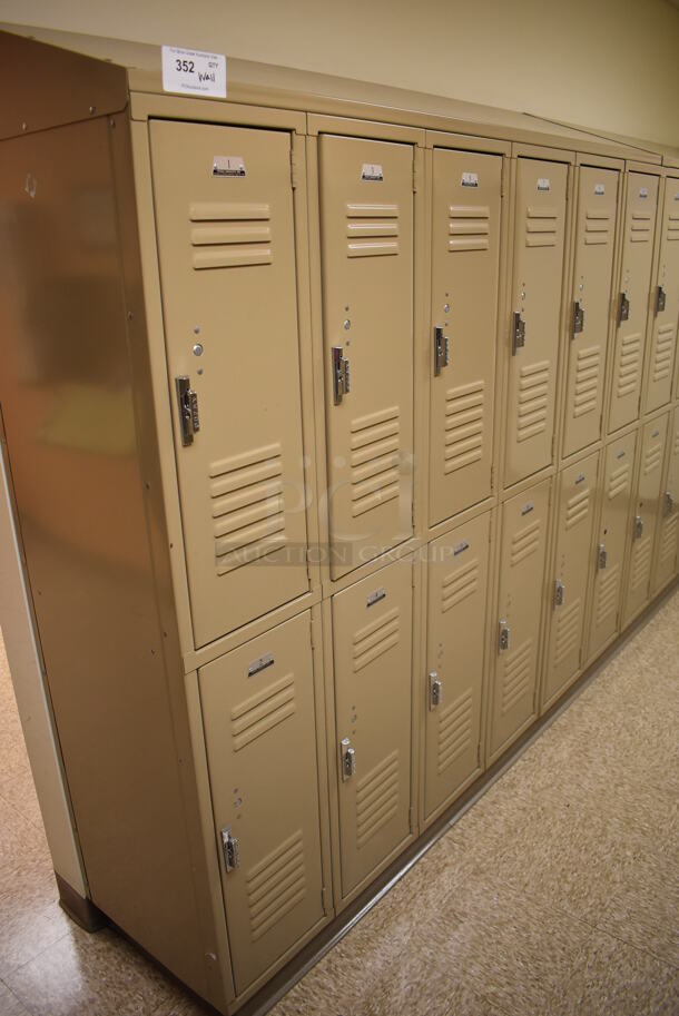 Wall of 22 Tan Metal Lockers. BUYER MUST REMOVE. 132x18x71. (Womens Locker Room) - Image 4 of 5