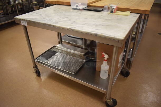 Stainless Steel Table w/ Marble Countertop and Stainless Steel Under Shelf on Commercial Casters. Does Not Include Contents. 48x30x35. (Pastry Kitchen) - Image 4 of 6