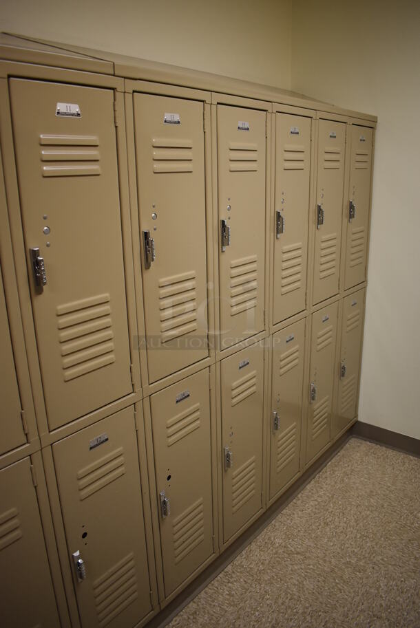 Wall of 22 Tan Metal Lockers. BUYER MUST REMOVE. 132x18x71. (Womens Locker Room) - Image 5 of 5