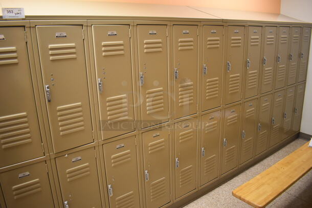 Wall of 46 Tan Metal Lockers. BUYER MUST REMOVE. 280x18x71. (Womens Locker Room) - Image 2 of 7