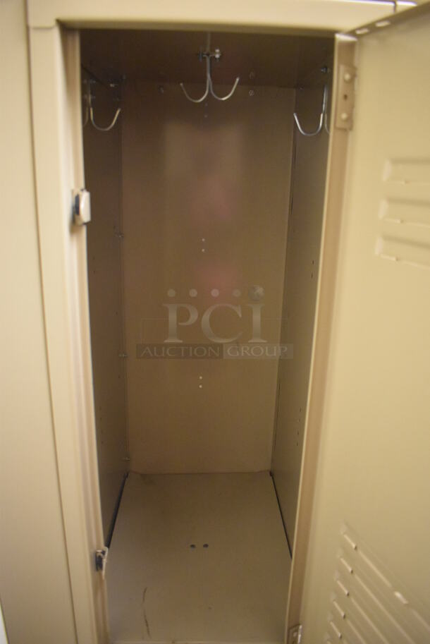 Wall of 46 Tan Metal Lockers. BUYER MUST REMOVE. 280x18x71. (Womens Locker Room) - Image 4 of 7