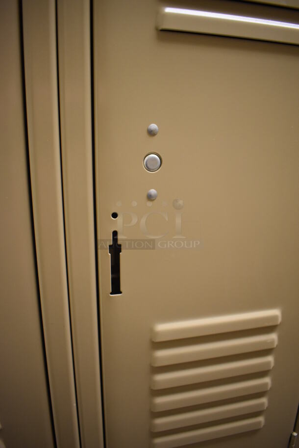 Wall of 46 Tan Metal Lockers. BUYER MUST REMOVE. 280x18x71. (Womens Locker Room) - Image 5 of 7