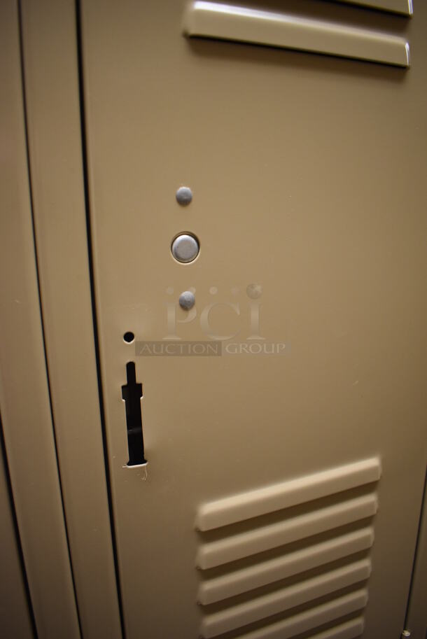 Wall of 46 Tan Metal Lockers. BUYER MUST REMOVE. 280x18x71. (Womens Locker Room) - Image 6 of 7